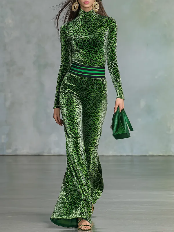 Sporty Retro Leopard Print Stand Collar Velvet T-Shirt And Flared Pants Set sold by Oyrosy