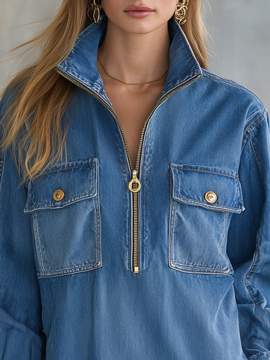 Retro Zippered Stand-up Collar Chest Pocket Denim Mini Dress sold by Oyrosy product image thumbnail 3