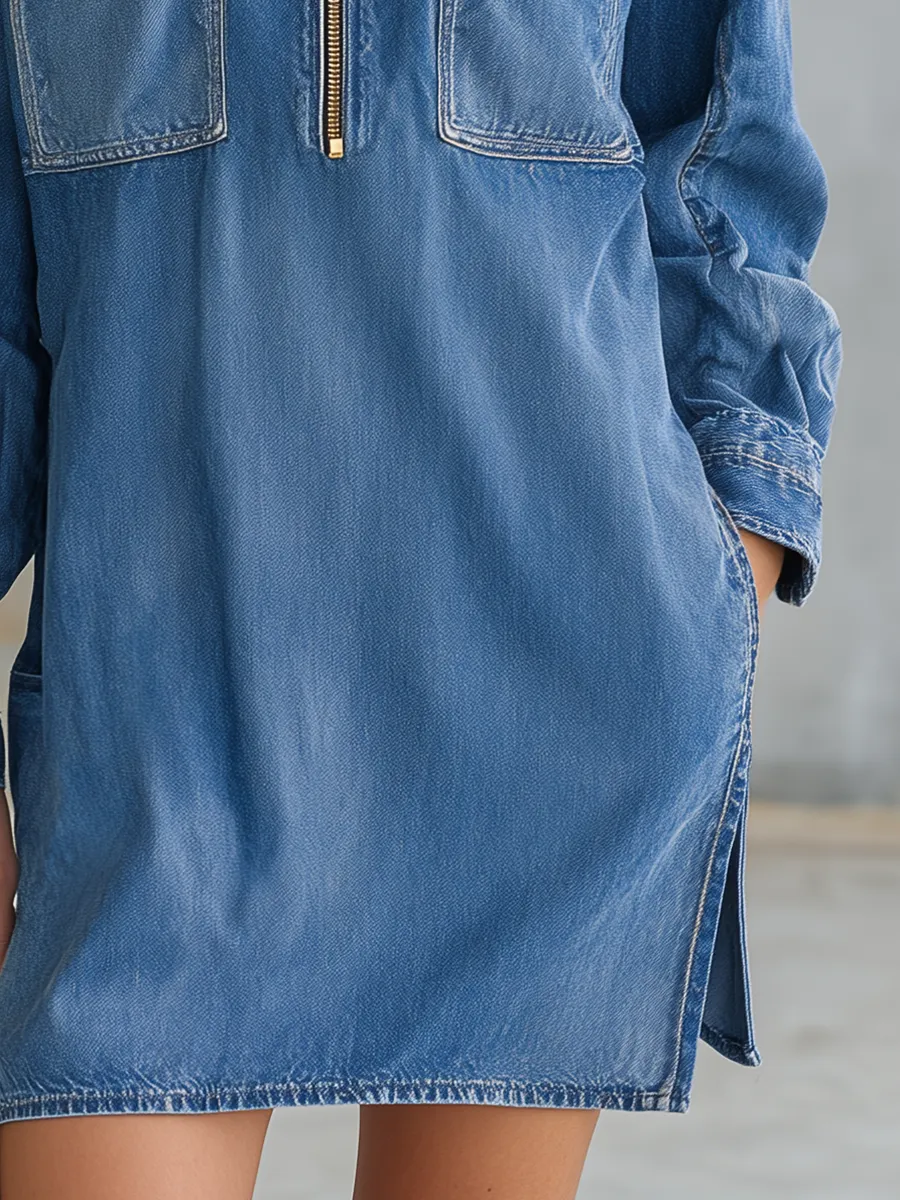 Retro Zippered Stand-up Collar Chest Pocket Denim Mini Dress sold by Oyrosy product image thumbnail 4