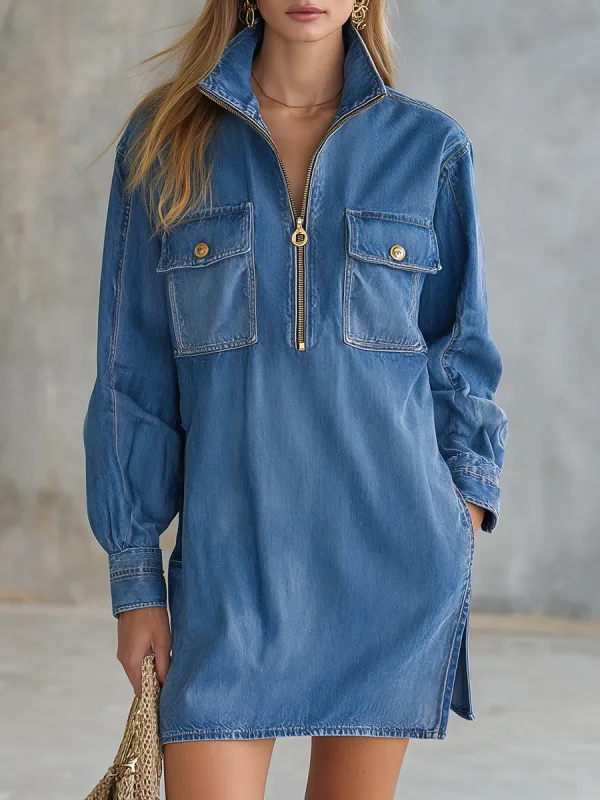 Retro Zippered Stand-up Collar Chest Pocket Denim Mini Dress sold by Oyrosy