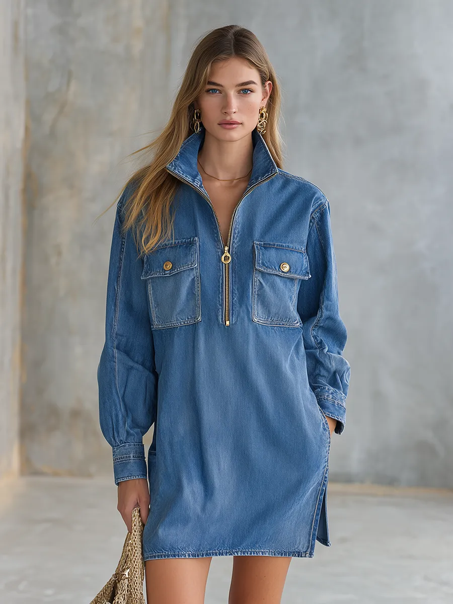 Retro Zippered Stand-up Collar Chest Pocket Denim Mini Dress sold by Oyrosy product image thumbnail 2