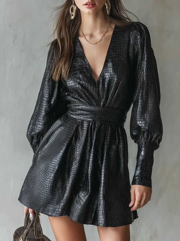 Retro-chic V-neck Faux Crocodile Leather Mini Dress made by Oyrosy
