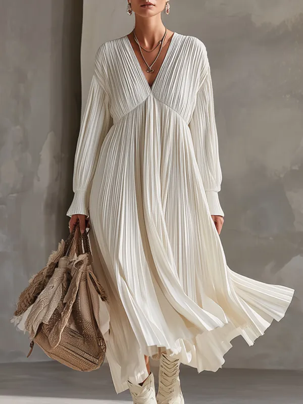 Elegant Urban Silhouette White Pleated Maxi Dress sold by Oyrosy