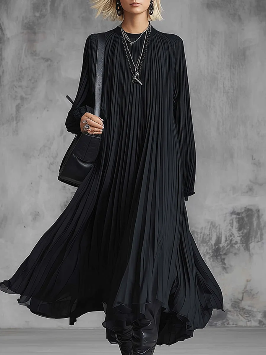 Elegant Urban Silhouette Black Chiffon Pleated Maxi Dress sold by Oyrosy
