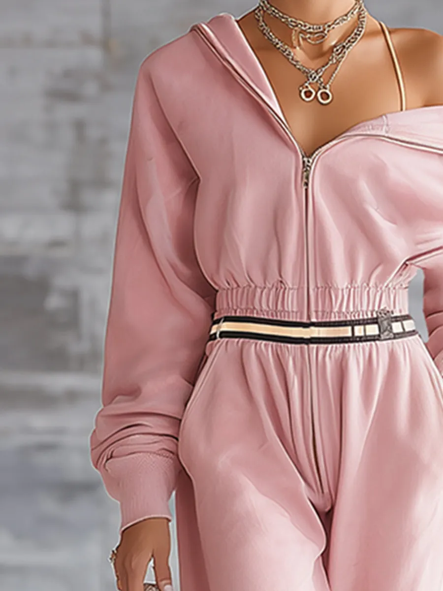 Casual Sporty Pink Front Zip-up Hooded Jumpsuit sold by Oyrosy product image thumbnail 3
