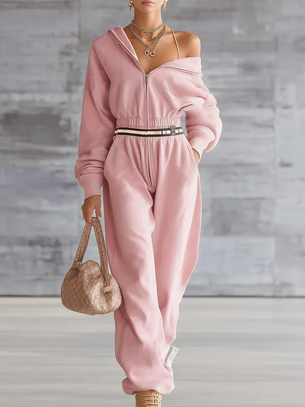 Casual Sporty Pink Front Zip-up Hooded Jumpsuit sold by Oyrosy