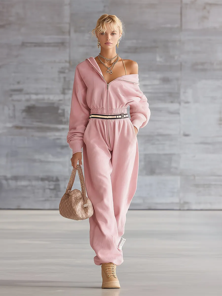 Casual Sporty Pink Front Zip-up Hooded Jumpsuit sold by Oyrosy product image thumbnail 2