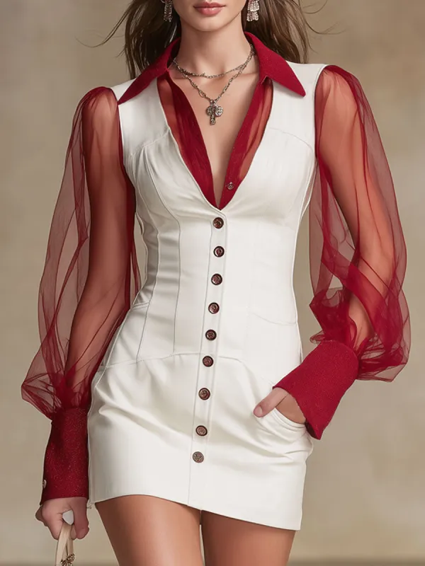 Fashionable Retro Red Gauze Sleeve White Faux Leather Mini Dress sold by Oyrosy