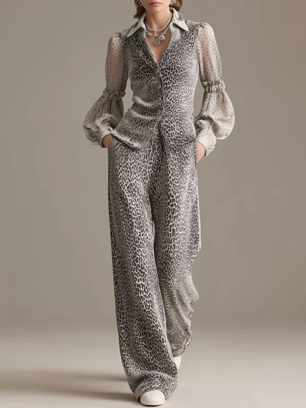 Sporty Retro Chiffon Sleeve Gray Leopard Print Velvet Top And Wide-Leg Pants Set sold by Oyrosy