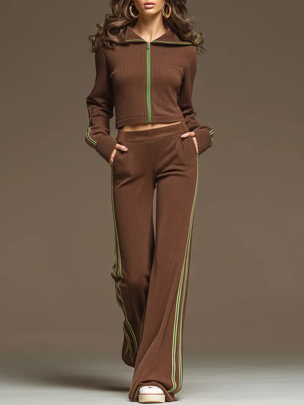 Sporty Retro Green Ribbon Brown Knit Top And Wide-leg Pants Set sold by Oyrosy