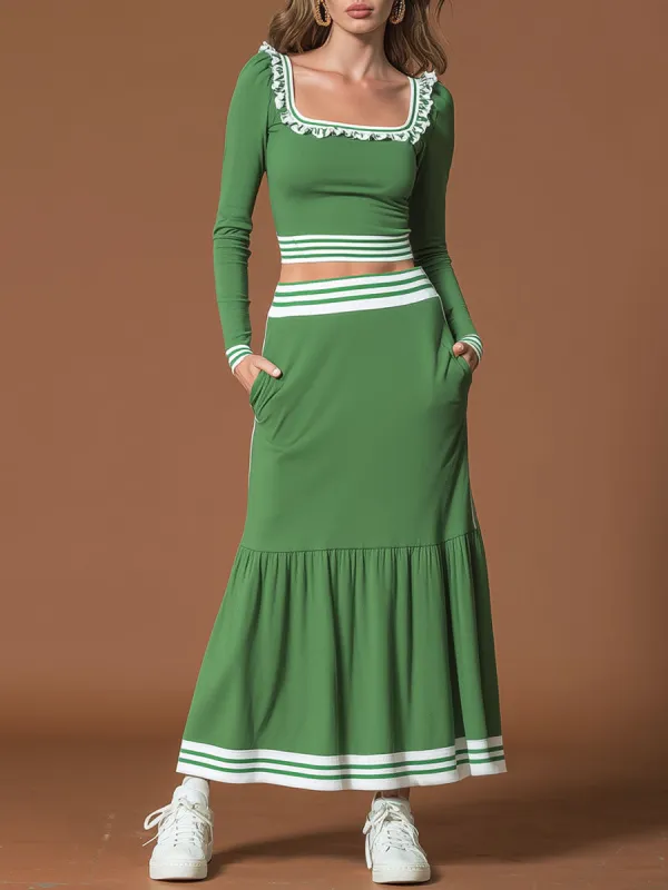 Sporty Retro Striped Square Neck Ruffled Green Cotton T-shirt And Skirt Set sold by Oyrosy