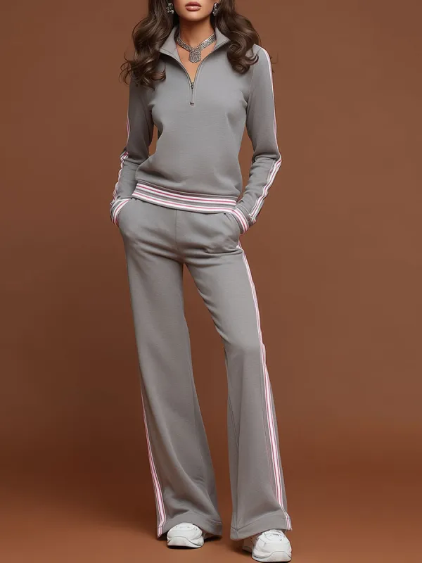 Sporty Retro Pink Striped Half-Zip Gray Sweatshirt And Wide-Leg Pants Set sold by Oyrosy
