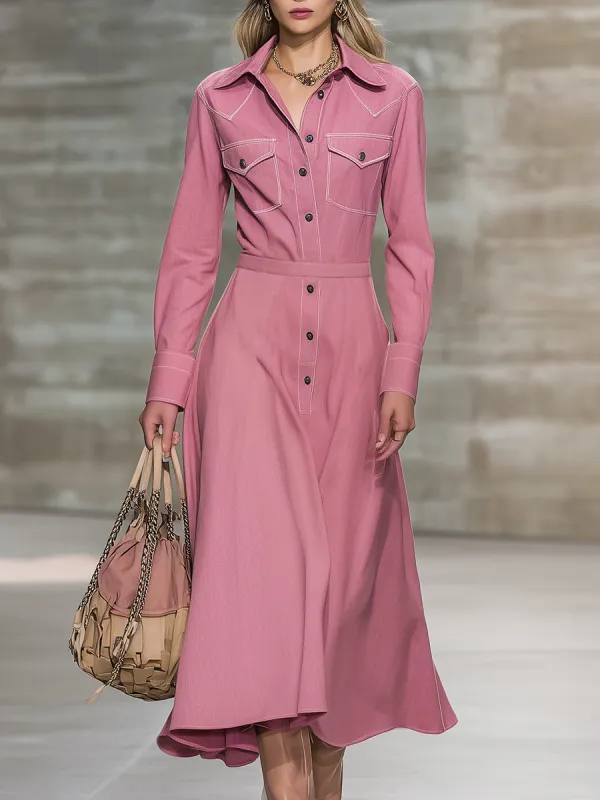 Retro Pink Denim Button White Stitching Maxi Dress sold by Oyrosy