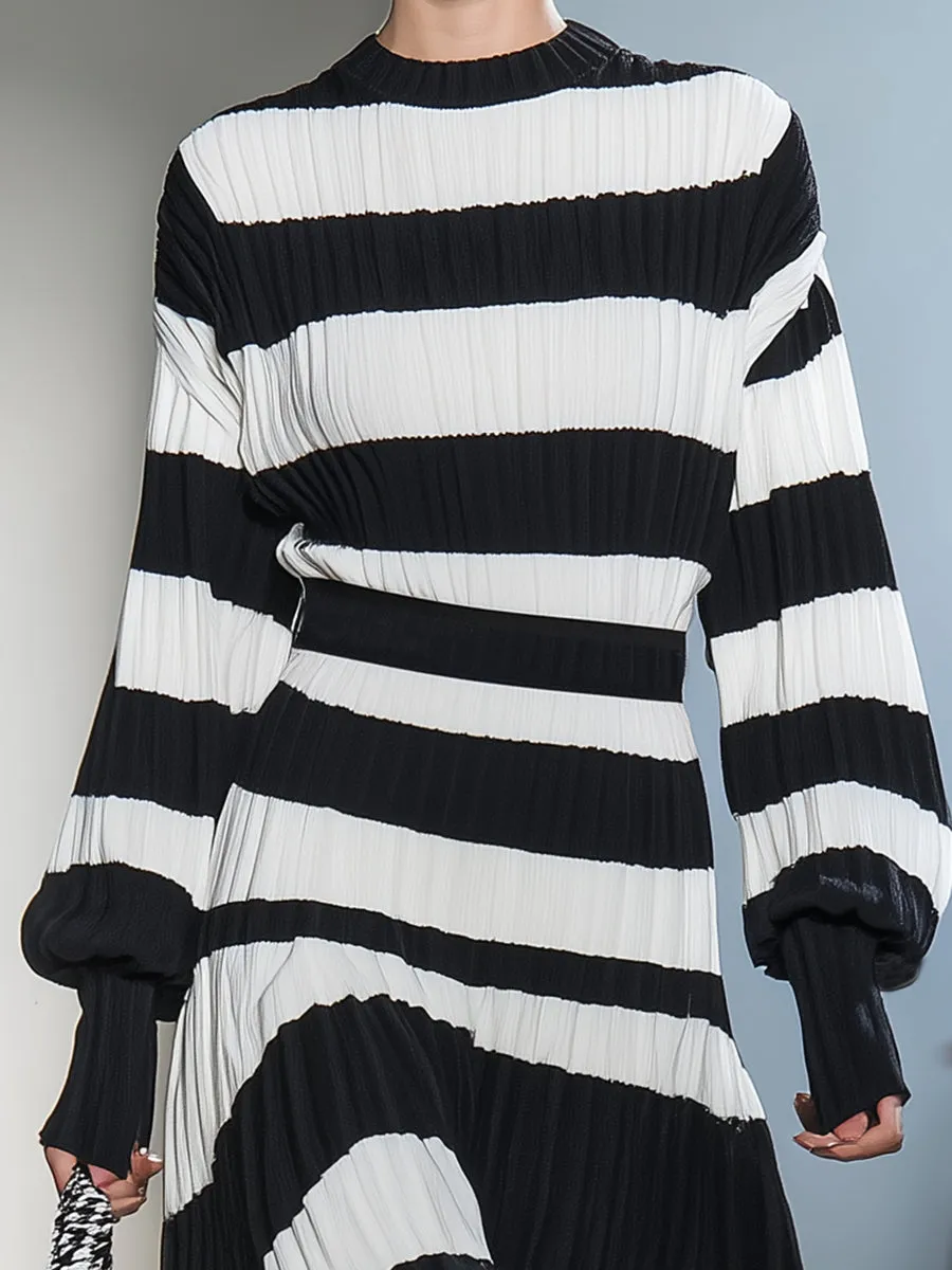 Fashionable Black And White Striped Long-sleeved Midi Dress sold by Oyrosy product image thumbnail 4