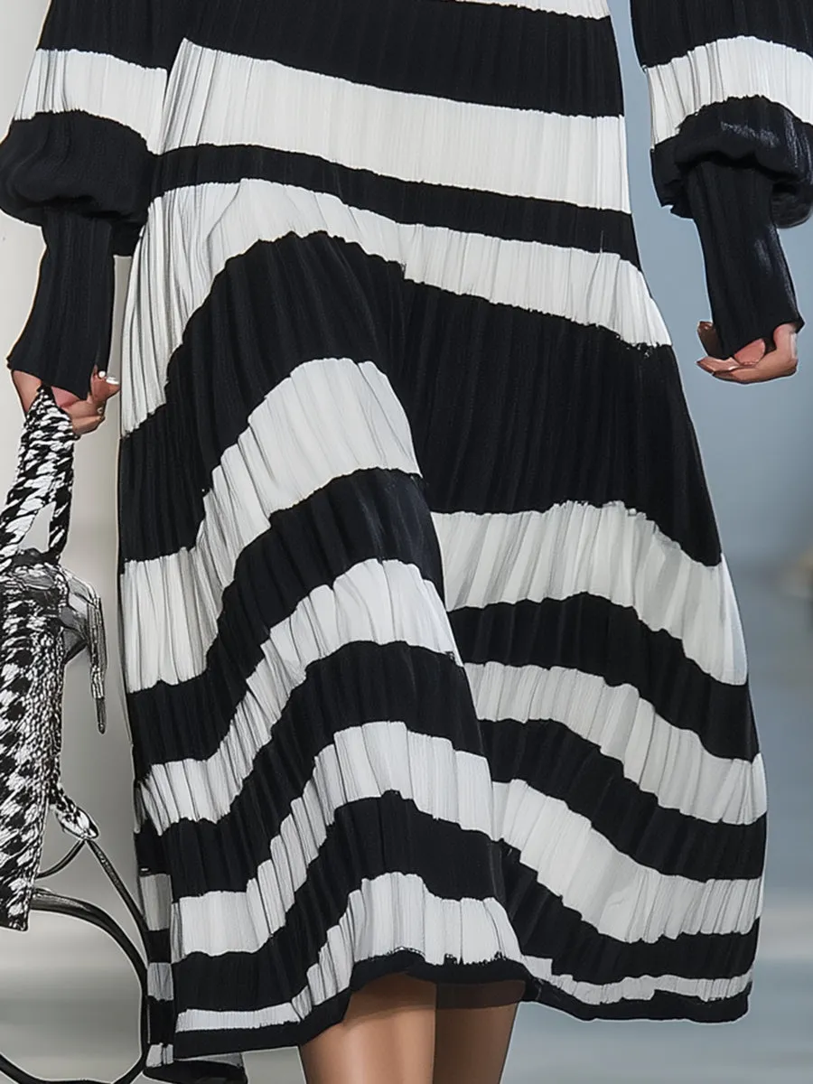 Fashionable Black And White Striped Long-sleeved Midi Dress sold by Oyrosy product image thumbnail 3