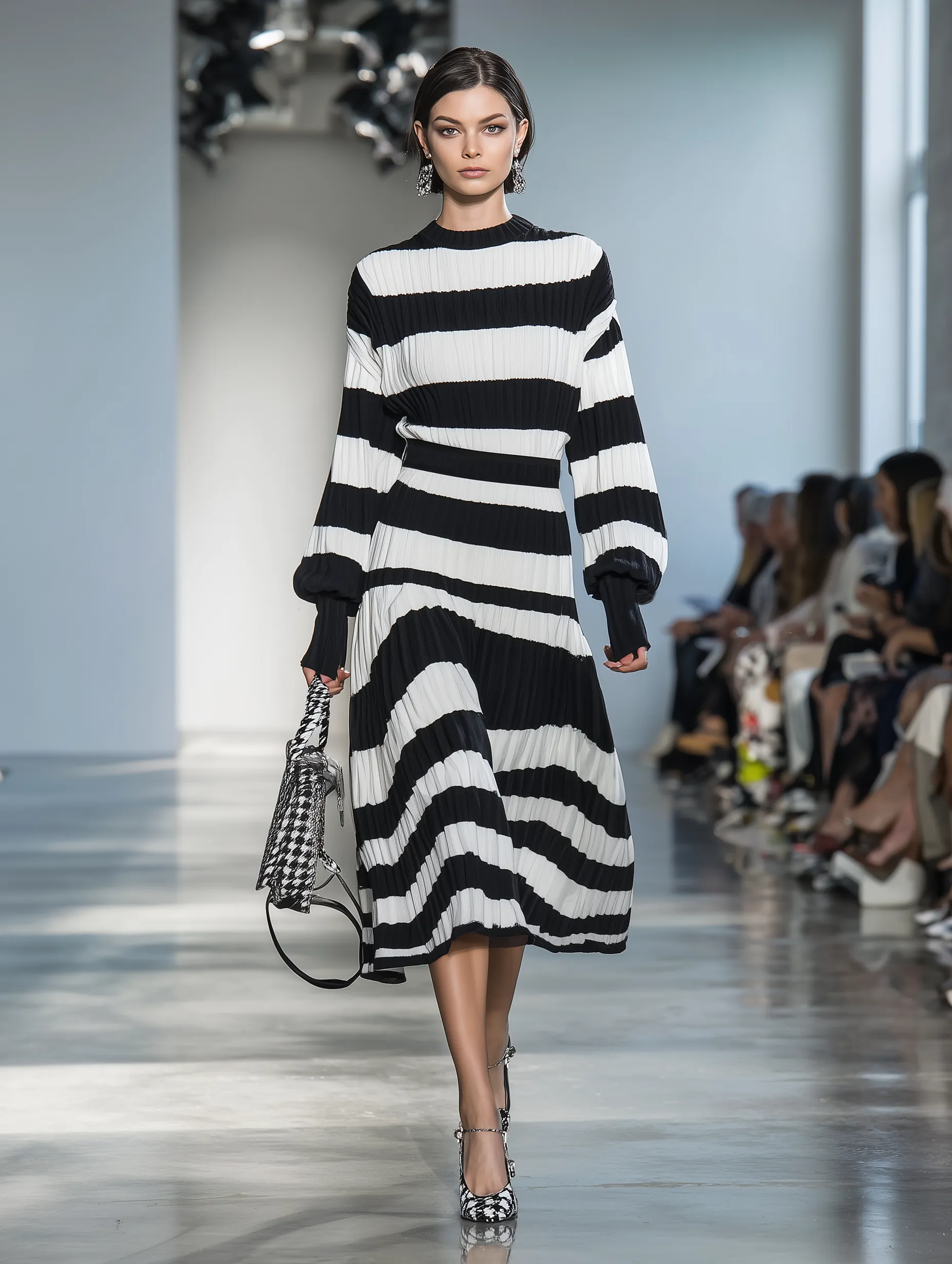 Fashionable Black And White Striped Long-sleeved Midi Dress sold by Oyrosy product image thumbnail 2