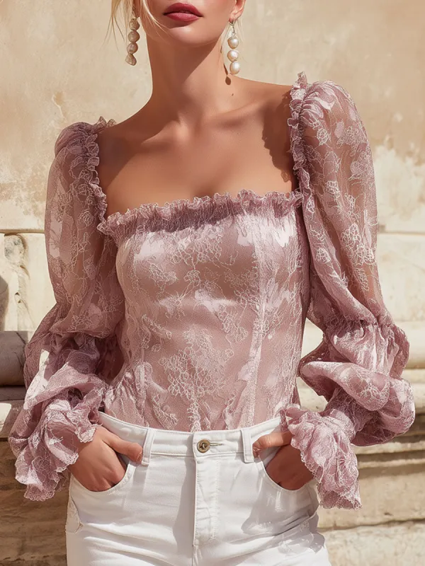 Pink Square-necked Lace Long-sleeved Shirt sold by Oyrosy