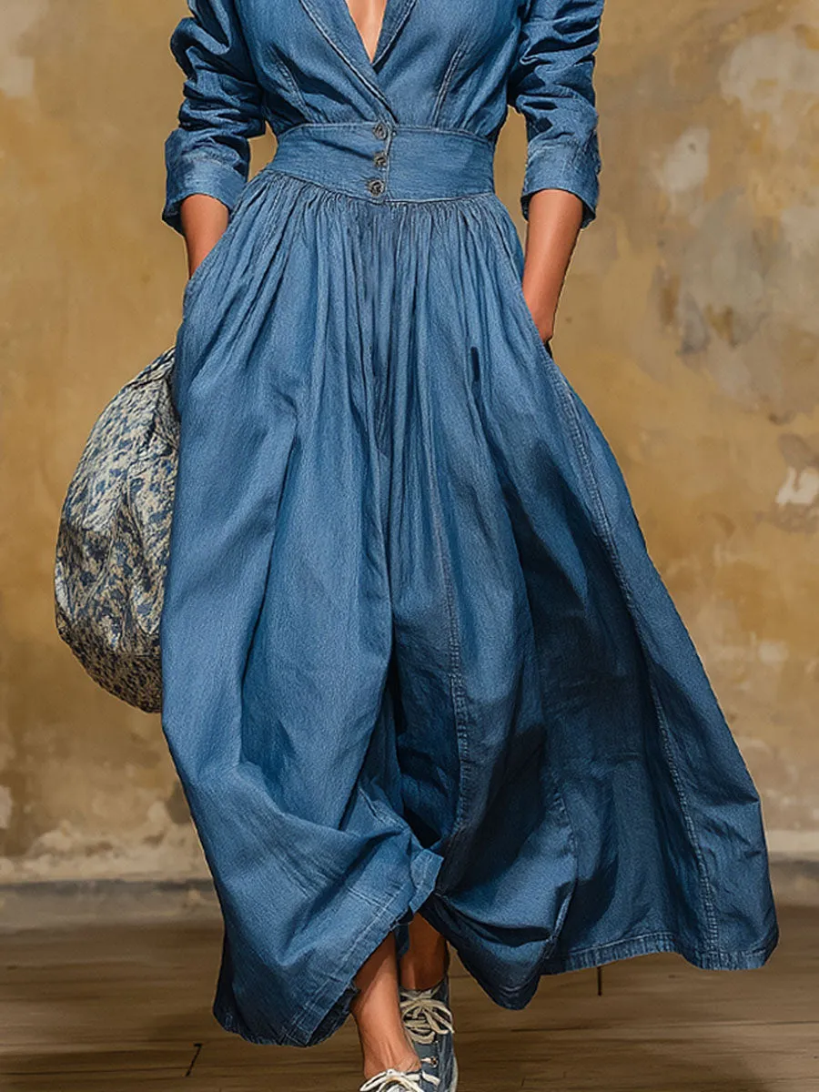 Retro Style Lapel Collar Double Pocket Button-up Long-sleeved Maxi Dress sold by Oyrosy product image thumbnail 3