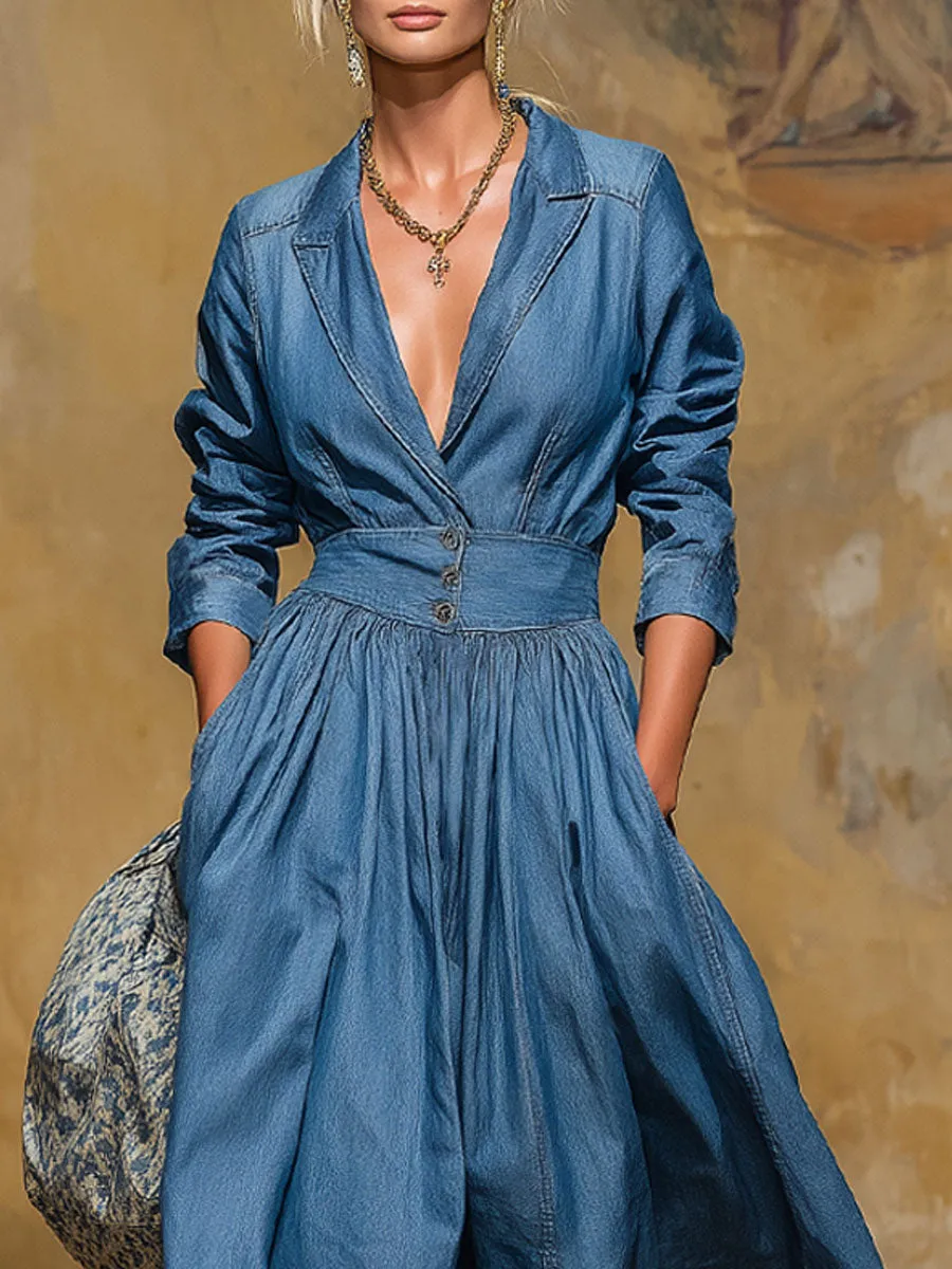 Retro Style Lapel Collar Double Pocket Button-up Long-sleeved Maxi Dress sold by Oyrosy product image thumbnail 2