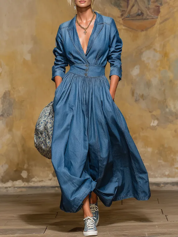 Retro Style Lapel Collar Double Pocket Button-up Long-sleeved Maxi Dress sold by Oyrosy