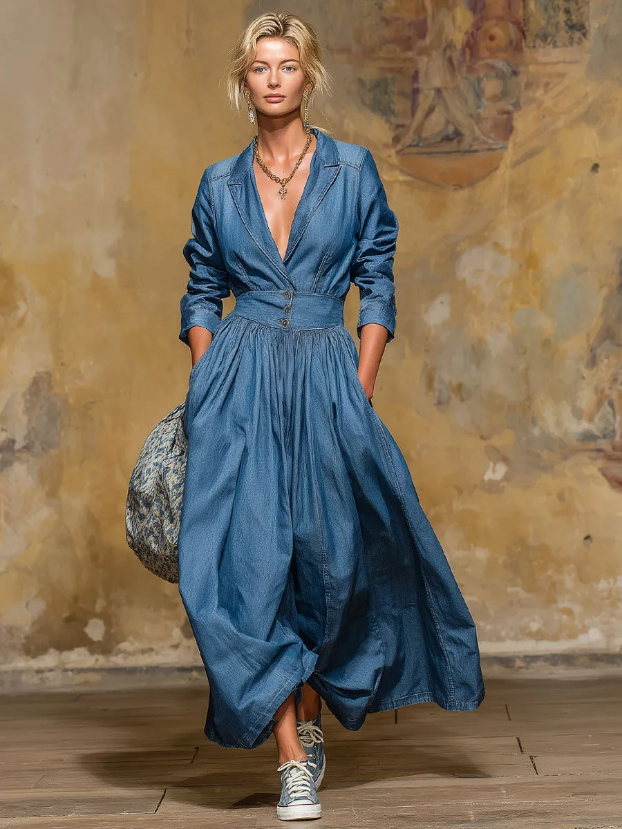 Retro Style Lapel Collar Double Pocket Button-up Long-sleeved Maxi Dress sold by Oyrosy product image thumbnail 4