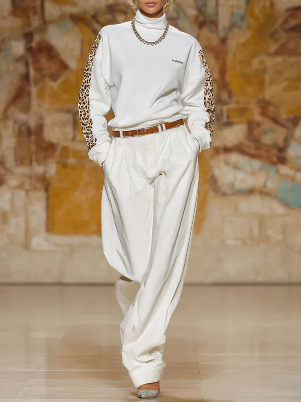 Loose-fitting High-neck Sweatshirt And Cotton And Linen Wide-leg Trousers Set sold by Oyrosy