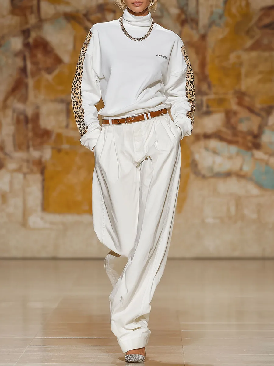 Loose-fitting High-neck Sweatshirt And Cotton And Linen Wide-leg Trousers Set sold by Oyrosy