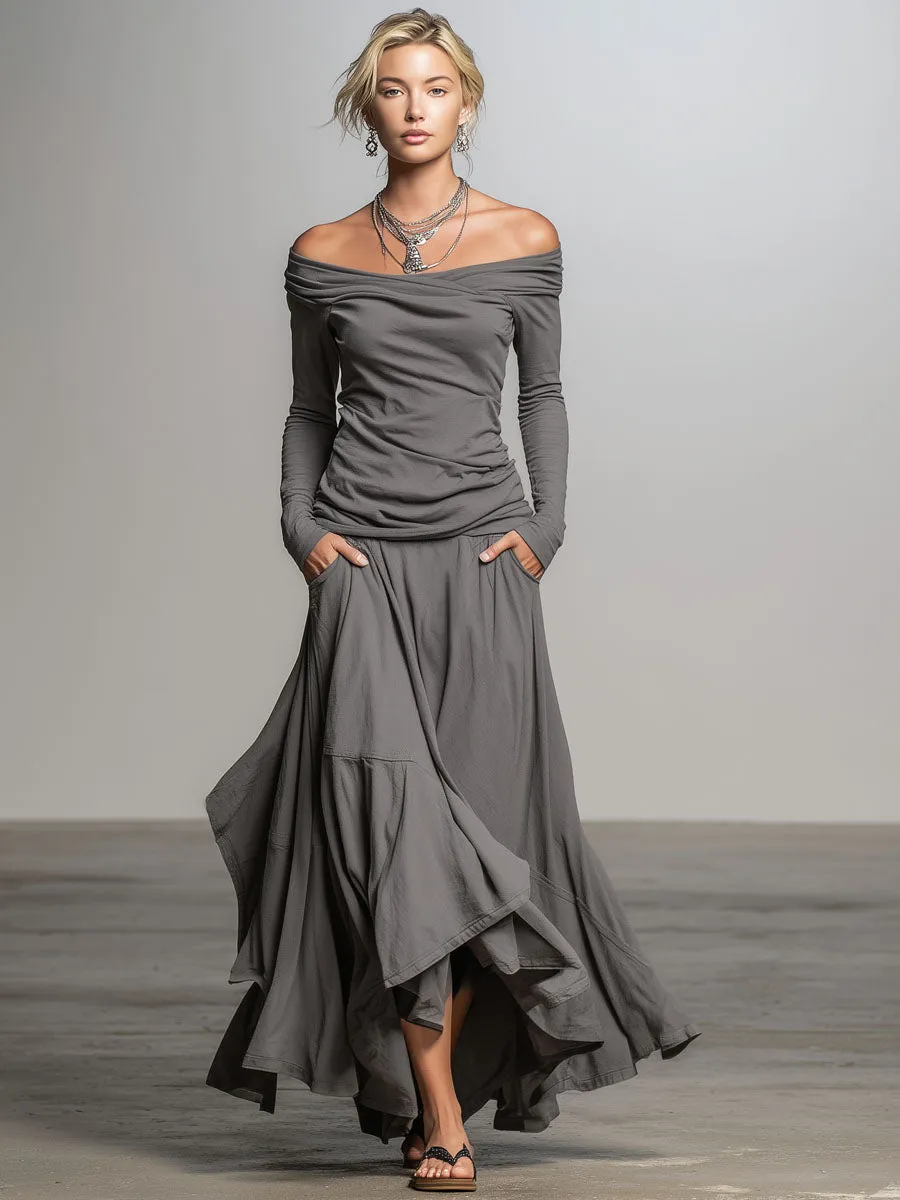 Off-the-shoulder Long-sleeved T-shirt And Asymmetrical Skirt Set sold by Oyrosy product image thumbnail 4