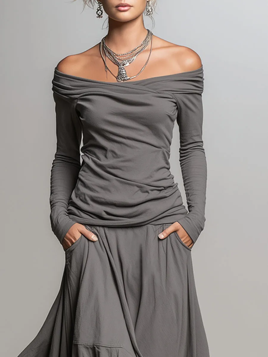 Off-the-shoulder Long-sleeved T-shirt And Asymmetrical Skirt Set sold by Oyrosy product image thumbnail 2