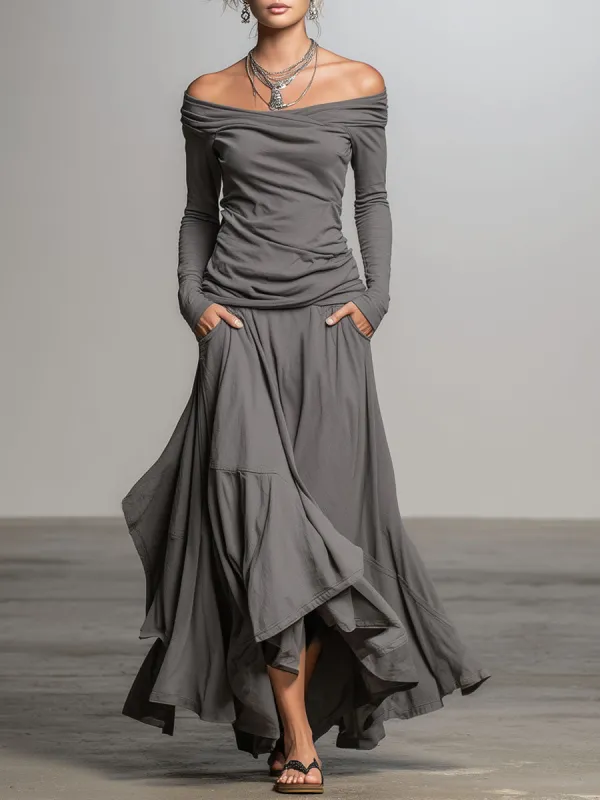 Off-the-shoulder Long-sleeved T-shirt And Asymmetrical Skirt Set sold by Oyrosy