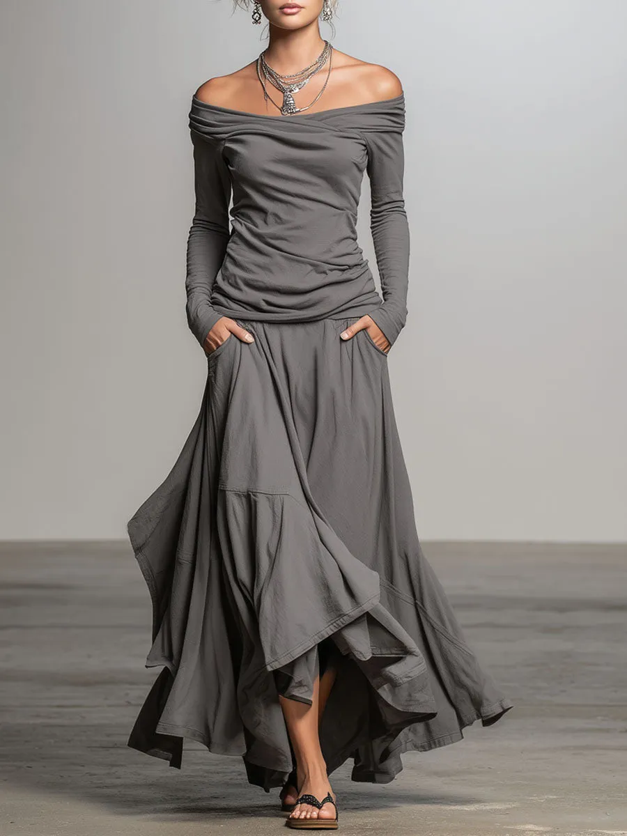 Off-the-shoulder Long-sleeved T-shirt And Asymmetrical Skirt Set sold by Oyrosy