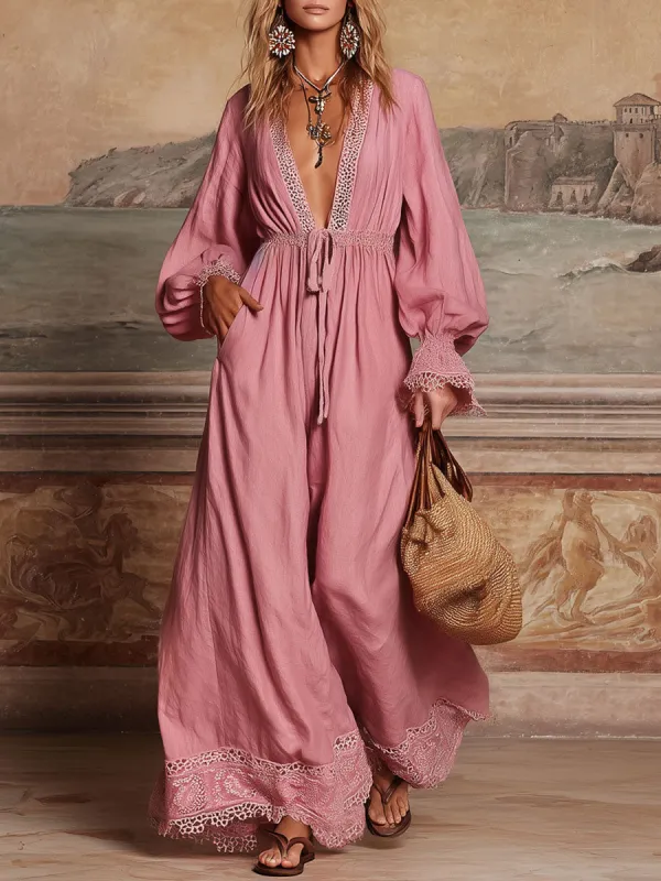 Pink V-neck Tie-waist Patchwork Lace Cotton And Linen Long-sleeved Maxi Dress sold by Oyrosy