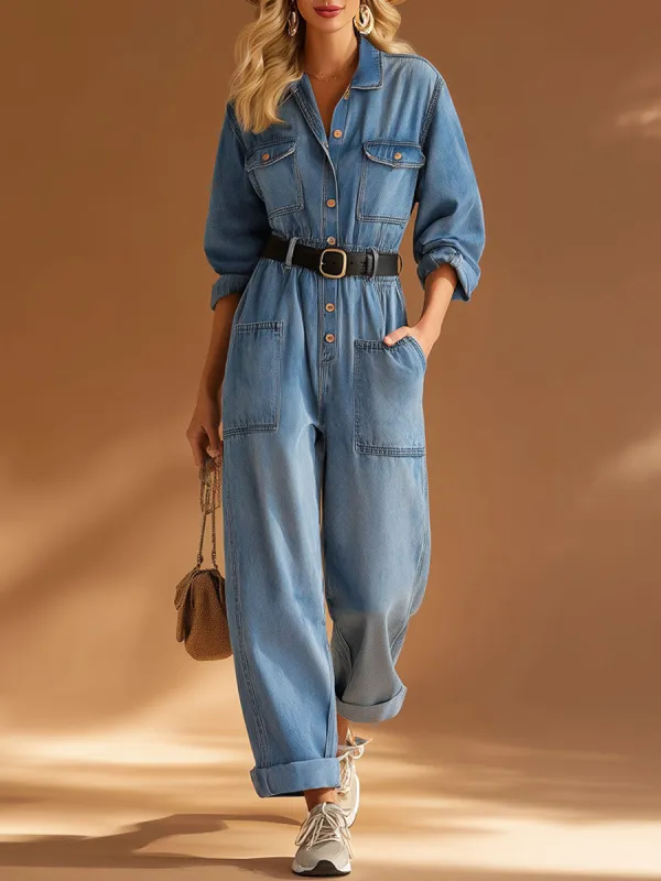 Casual Retro Lapel Button-up Blue Denim Long-sleeved Jumpsuit sold by Oyrosy