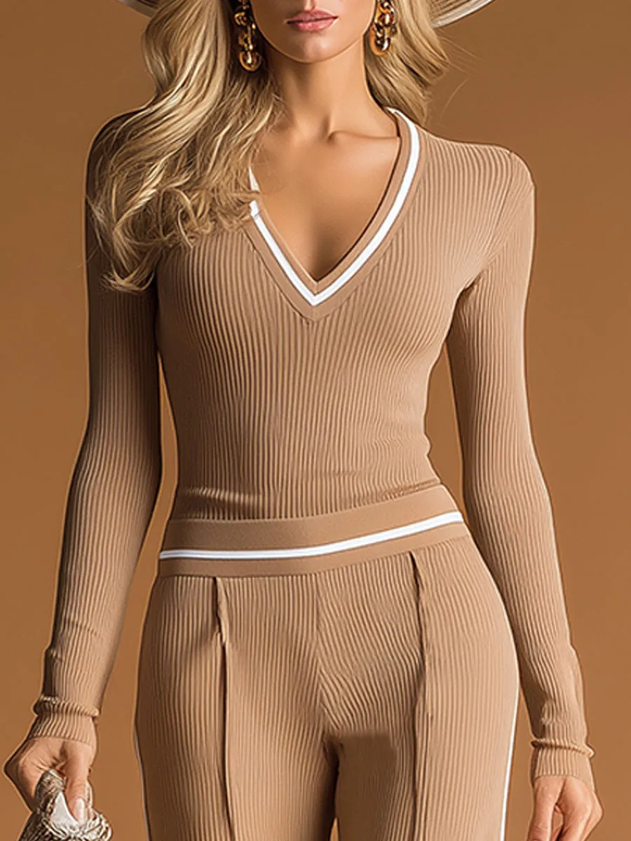Stylish And Casual White-trimmed Brown V-neck Knit Top And Pants Set sold by Oyrosy product image thumbnail 3