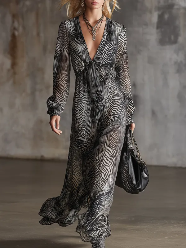 Elegant And Classic Zebra Print Chiffon V-neck Maxi Dress sold by Oyrosy