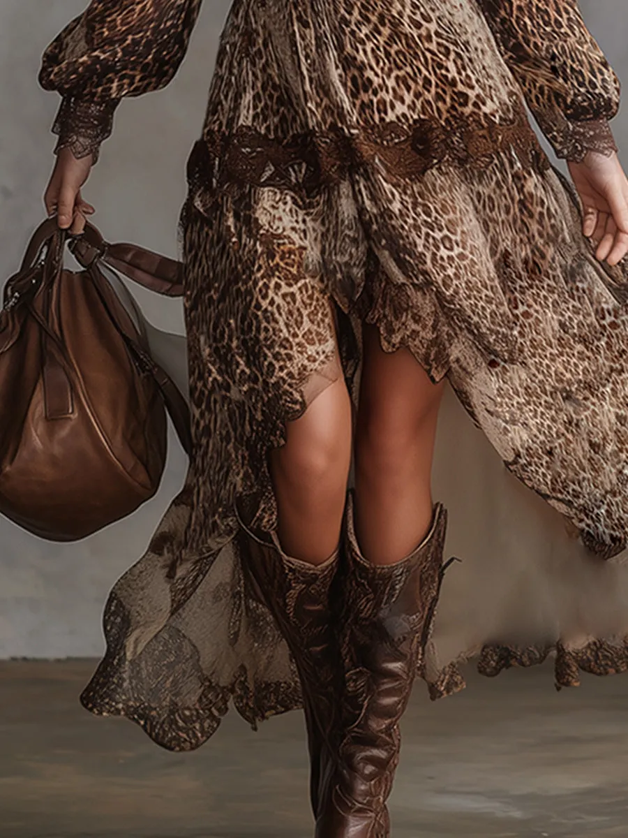 Elegant And Wild Leopard Print Lace-trimmed Maxi Dress sold by Oyrosy product image thumbnail 4