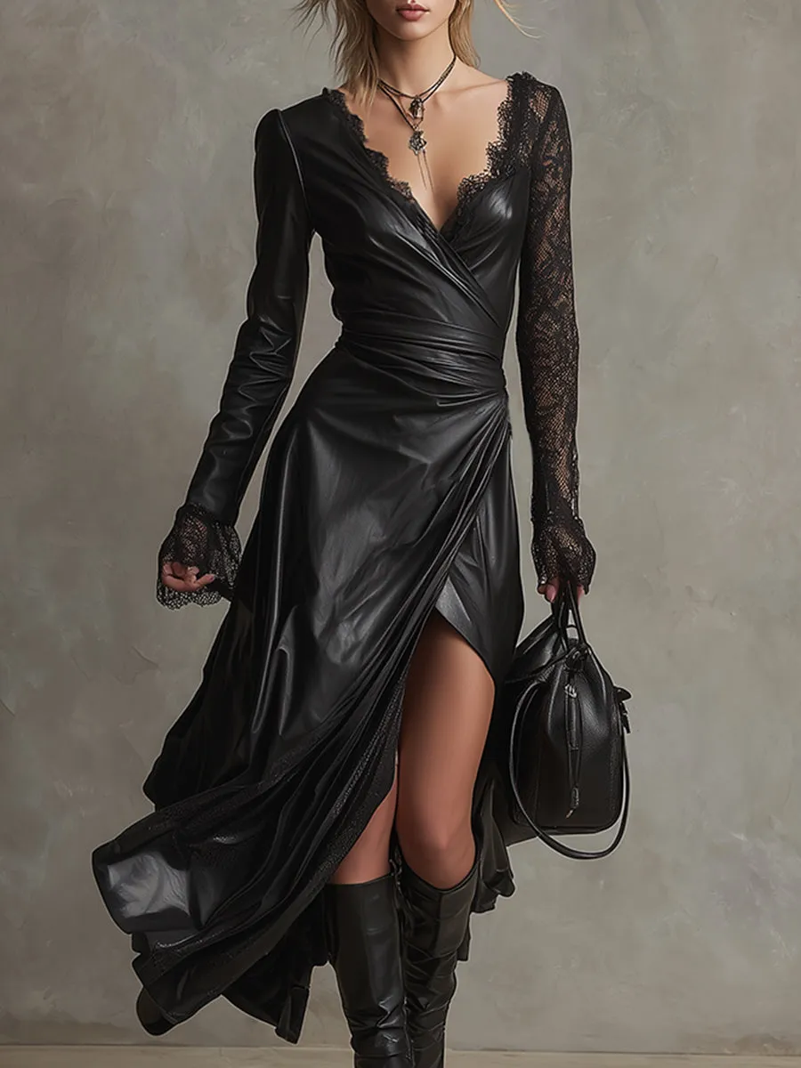 Delicate Lace-sleeved Black Faux Leather Maxi Dress sold by Oyrosy