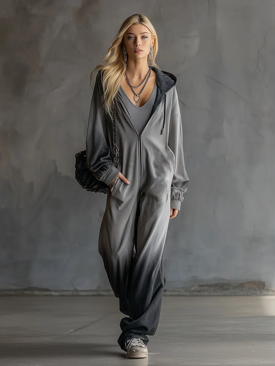 Trendy Sporty Grey Gradient Black Hooded Jumpsuit sold by Oyrosy product image thumbnail 2