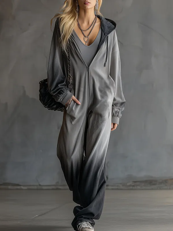 Trendy Sporty Grey Gradient Black Hooded Jumpsuit sold by Oyrosy