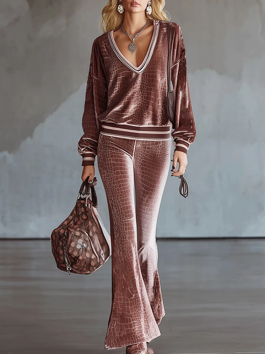 Casual Loose-fitting Crocodile Print Champagne Pink Velvet Top And Flared Pants Set sold by Oyrosy