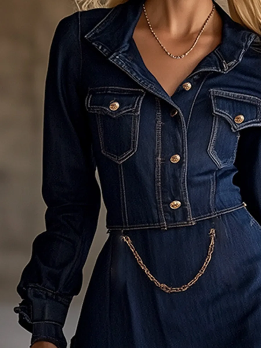 Elegant Dark Blue Denim Ruffled Collar Midi Dress sold by Oyrosy product image thumbnail 3