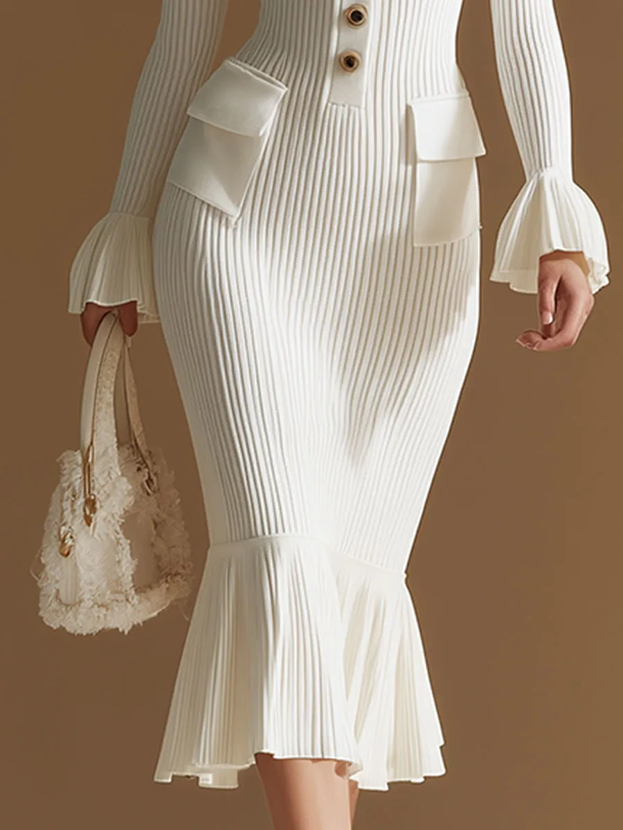 Stylish And Elegant White V-neck Knitted Button-down Midi Dress sold by Oyrosy product image thumbnail 4