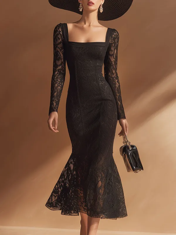 Stylish, Elegant, And Sexy Black Square-neck Lace Midi Dress sold by Oyrosy