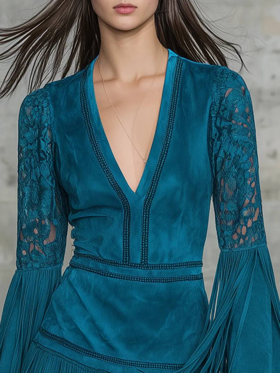 Retro V-neck Lace Sleeve Faux Suede Tassel Mini Dress sold by Oyrosy product image thumbnail 3