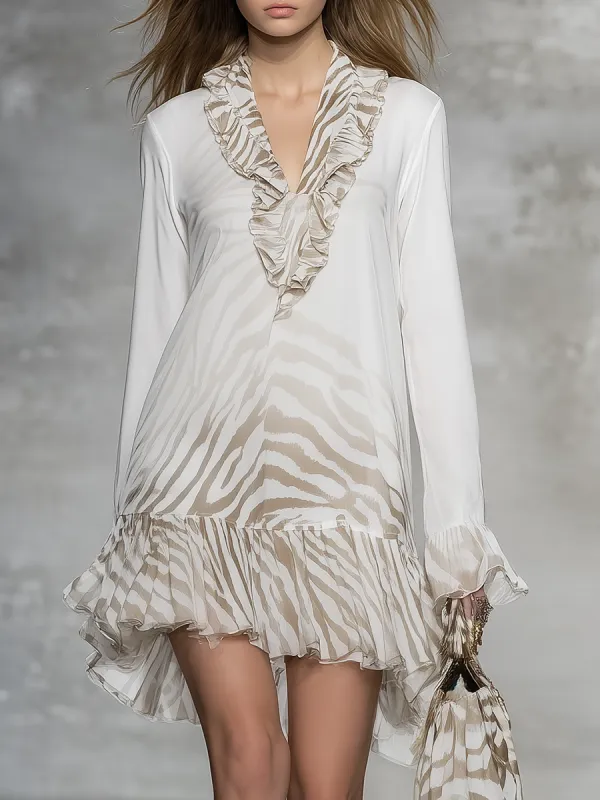 Retro Zebra Print Ruffled V-neck Chiffon Mini Dress sold by Oyrosy