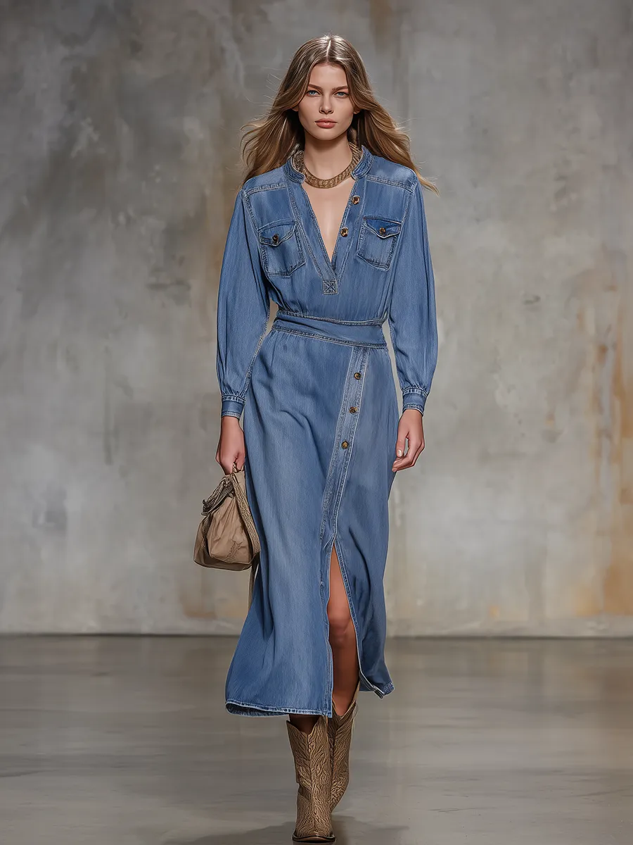 Retro V-neck Button-down Side-slit Denim Midi Dress sold by Oyrosy product image thumbnail 2