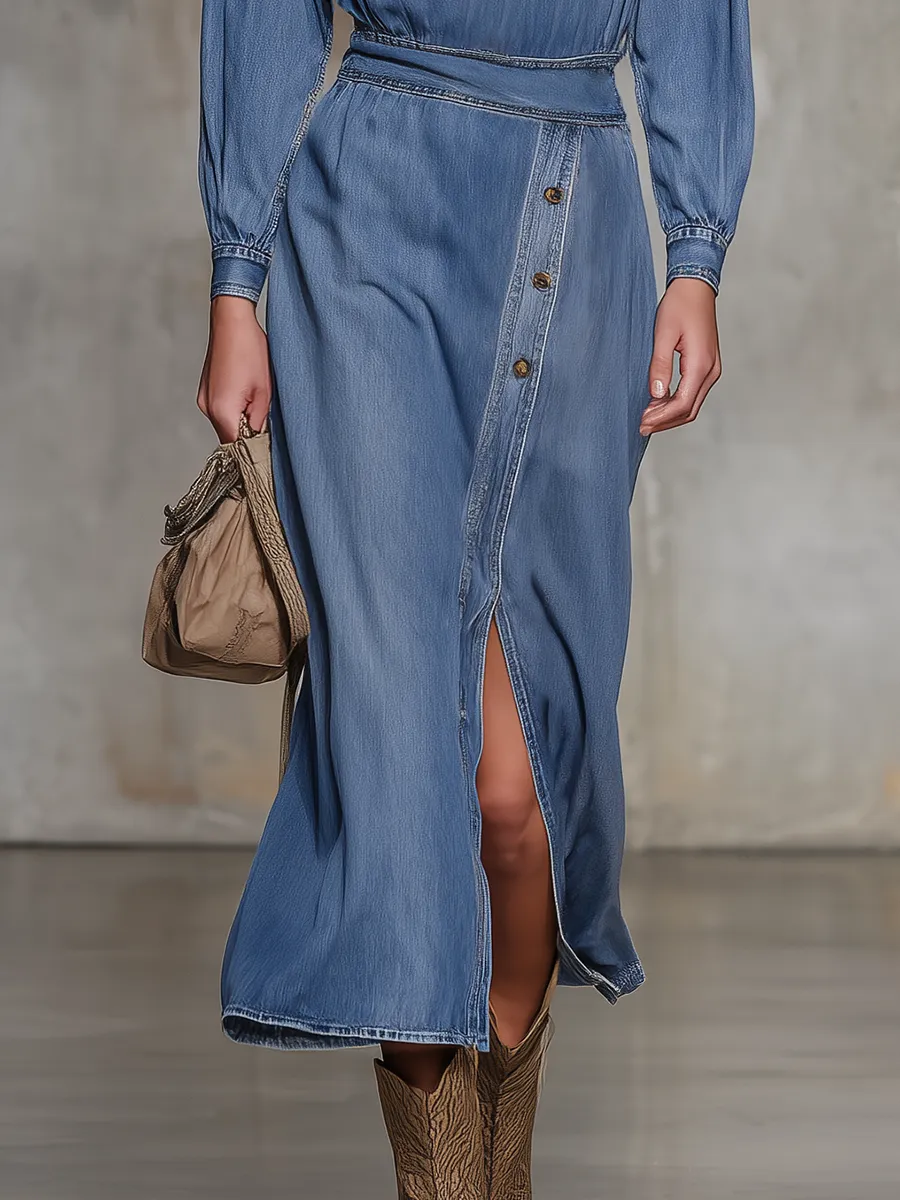Retro V-neck Button-down Side-slit Denim Midi Dress sold by Oyrosy product image thumbnail 4