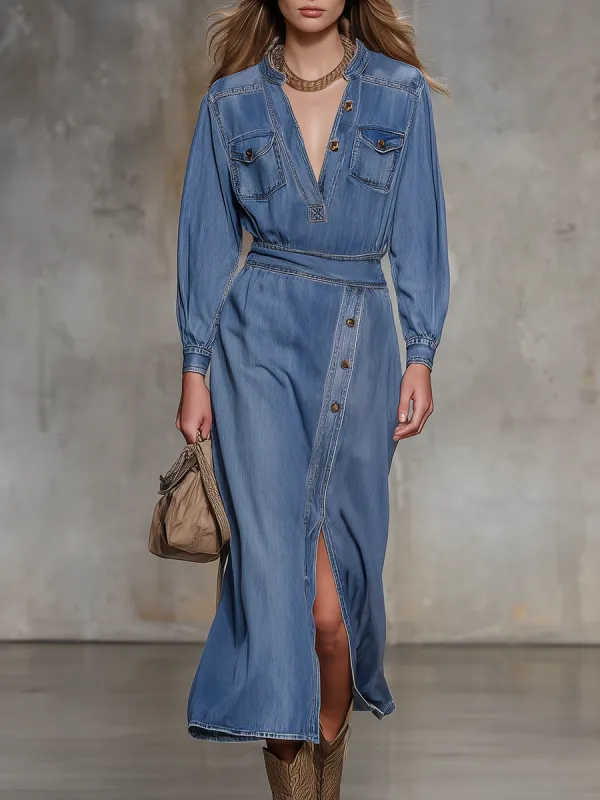 Retro V-neck Button-down Side-slit Denim Midi Dress sold by Oyrosy