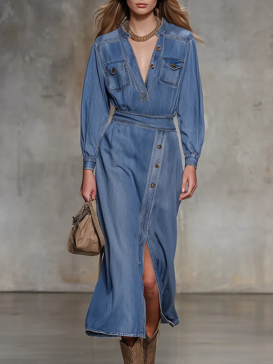 Retro V-neck Button-down Side-slit Denim Midi Dress sold by Oyrosy