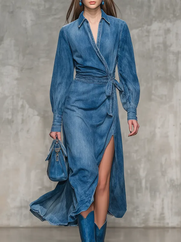 Retro Elegant Side-slit Denim Midi Dress sold by Oyrosy